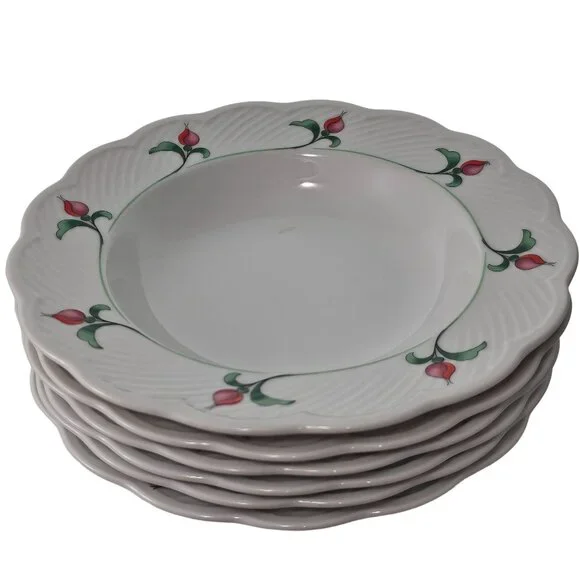 Dansk Rosebud Soup Bowls 9" scallop textured large rim floral romantic set/6